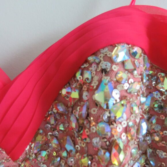 LA FEMME 18733 Beaded Bodice Chiffon Strapless Maxi Prom Dress Watermelon 4 NWT - Picture 10 of 16